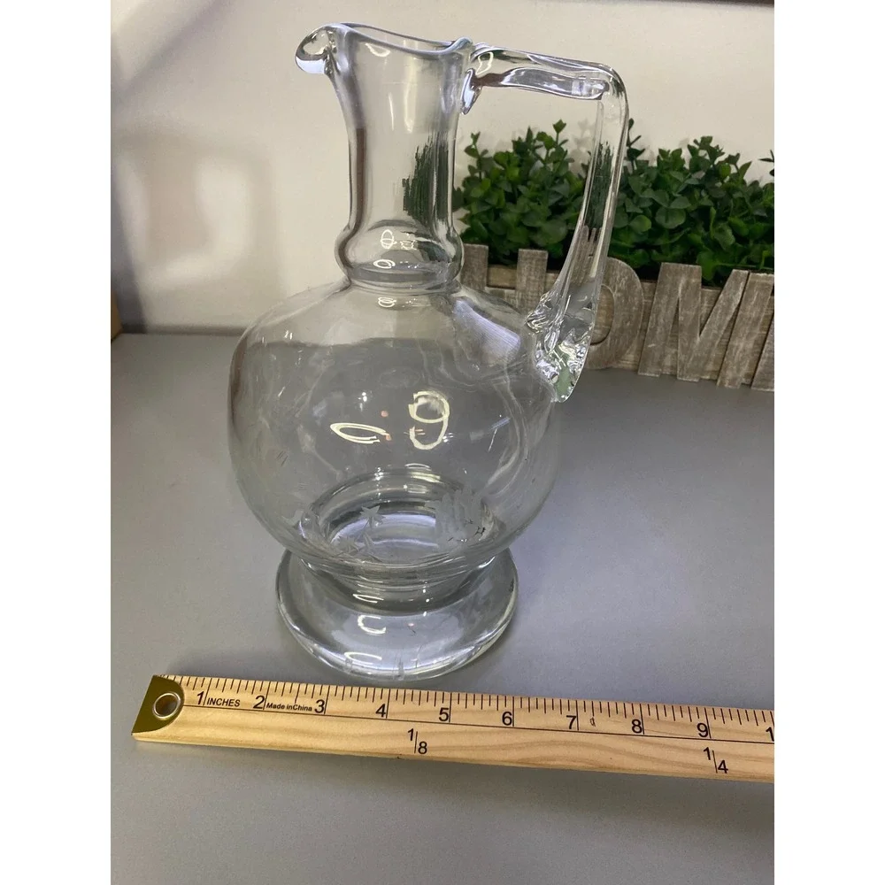 Vintage‎ Etched Glass Pitcher Carafe Clear Floral Design Handle Spout